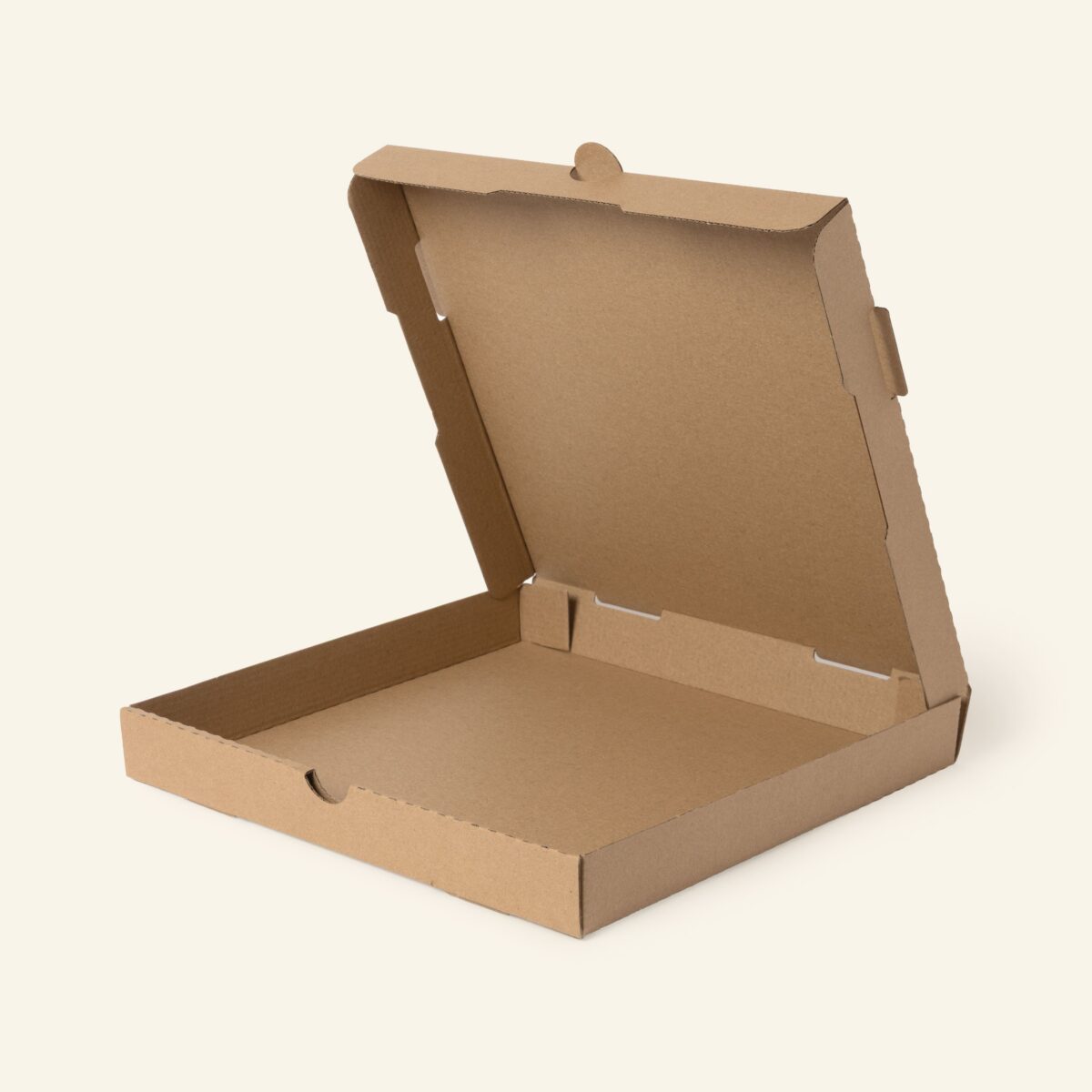 Open Kraft Pizza Box, custom branded 12 by 12 by 2.25 inch kraft board pizza box.